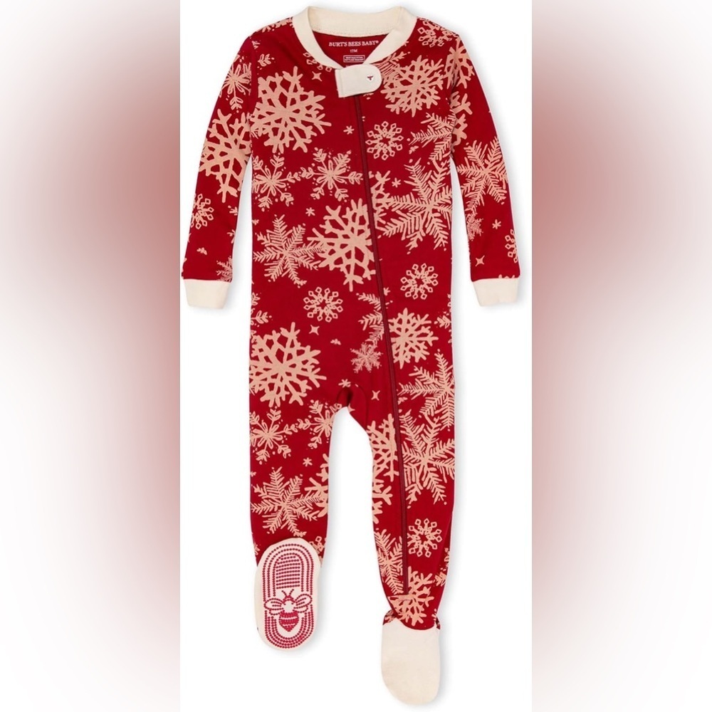 Burt's Bees Baby Zip Front Non-Slip Footed Sleeper Festive Flurries Sz 3-6 Mths